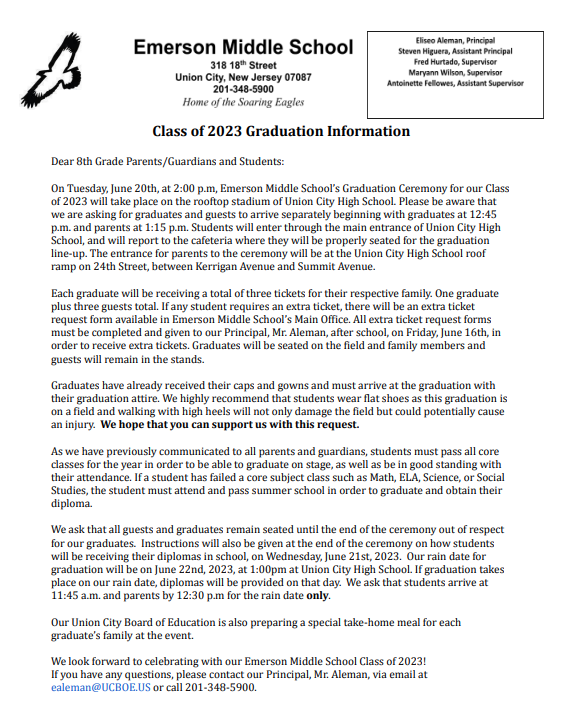 Emerson Middle School Graduation Ceremony Information-English