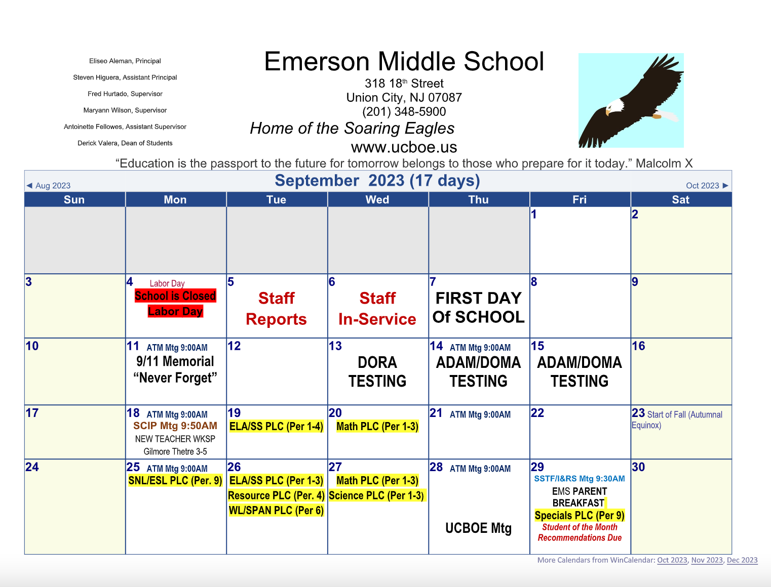 September 2023 Calendar-Emerson Middle School