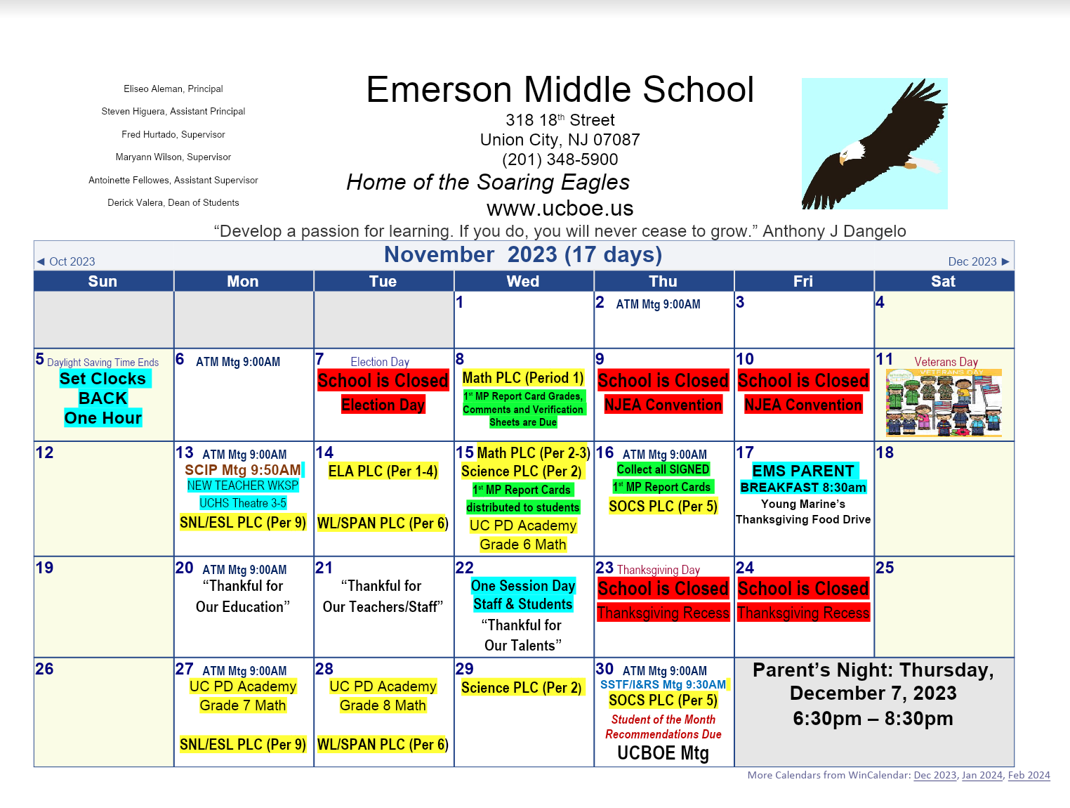 November 2023 Calendar-Emerson Middle School