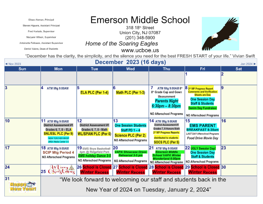 December 2023 Calendar-Emerson Middle School