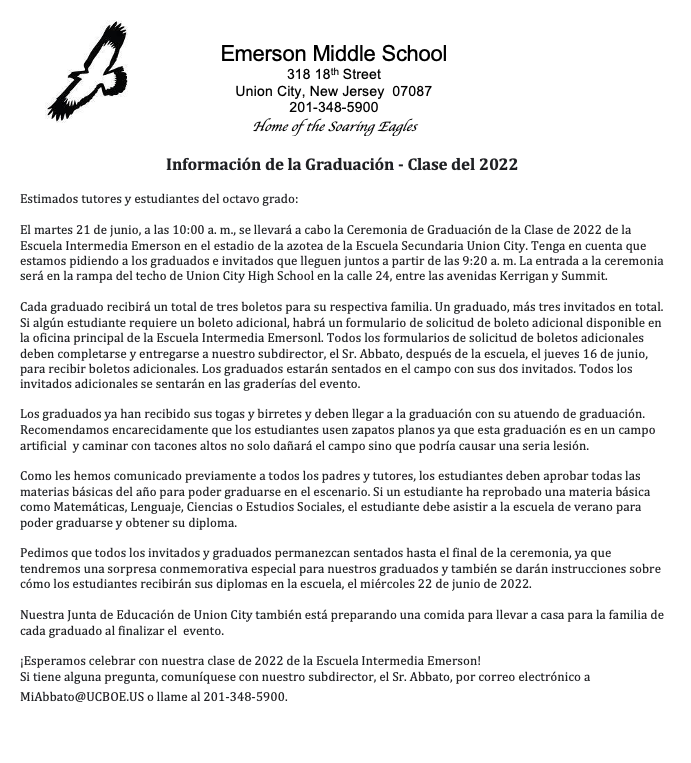 Graduation Ceremony Information-Emerson Middle School-Spanish