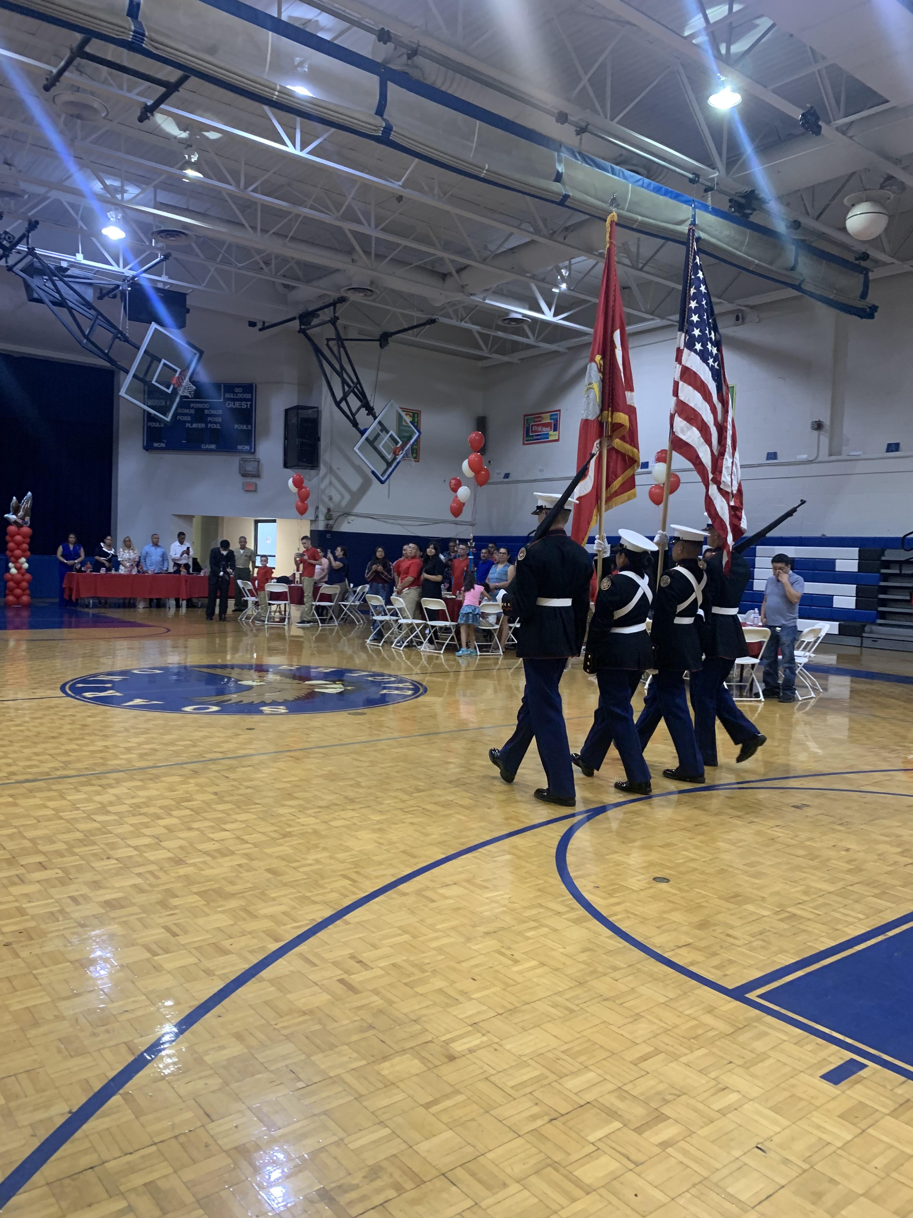 Young Marines Color Guard arriving at the Emerson Middle School