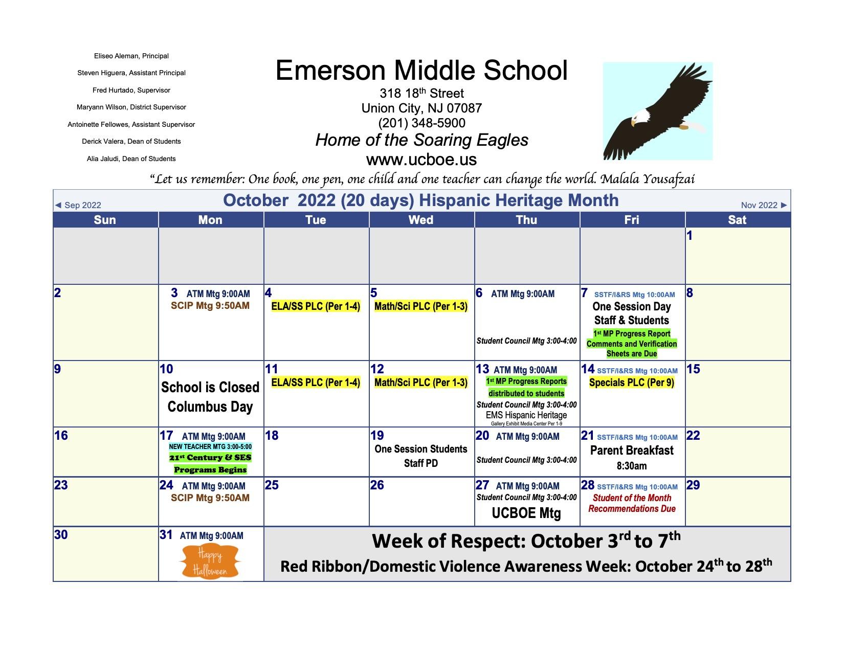Emerson Middle School-October 2022 Calendar