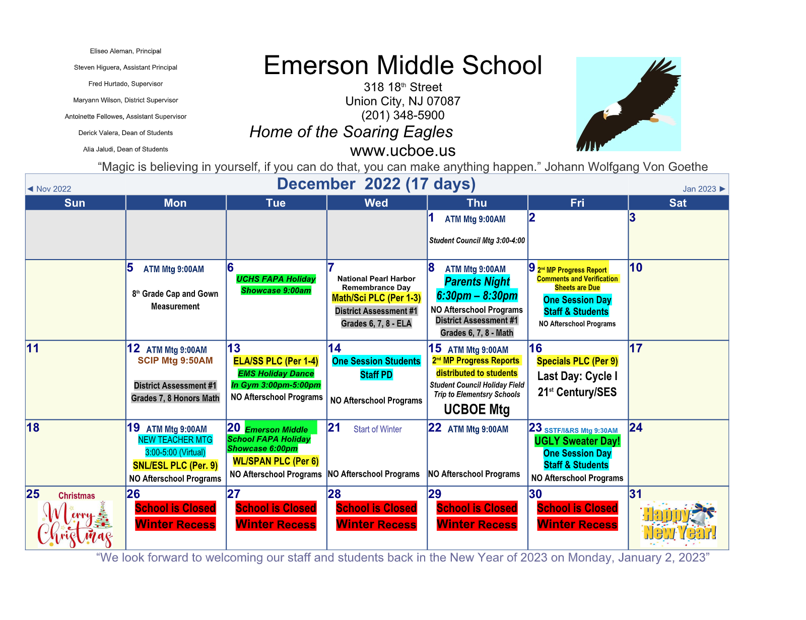 Emerson Middle School December 2022 Calendar