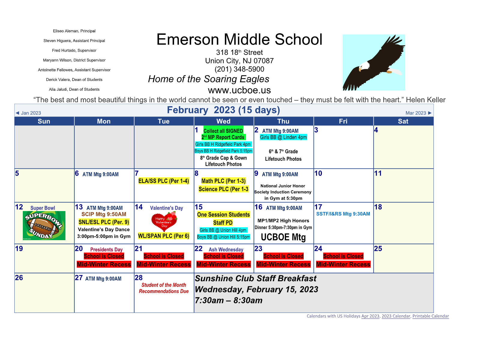 February 2023 Calendar-Emerson Middle School