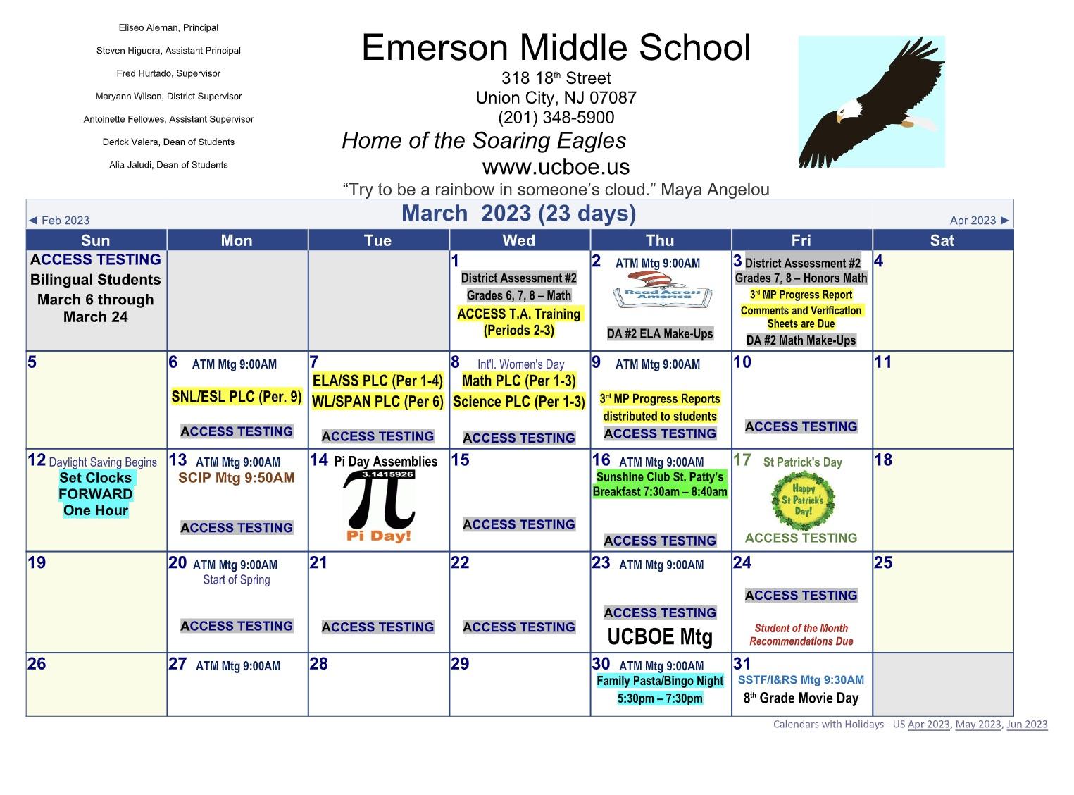 March 2023 Calendar-Emerson Middle School