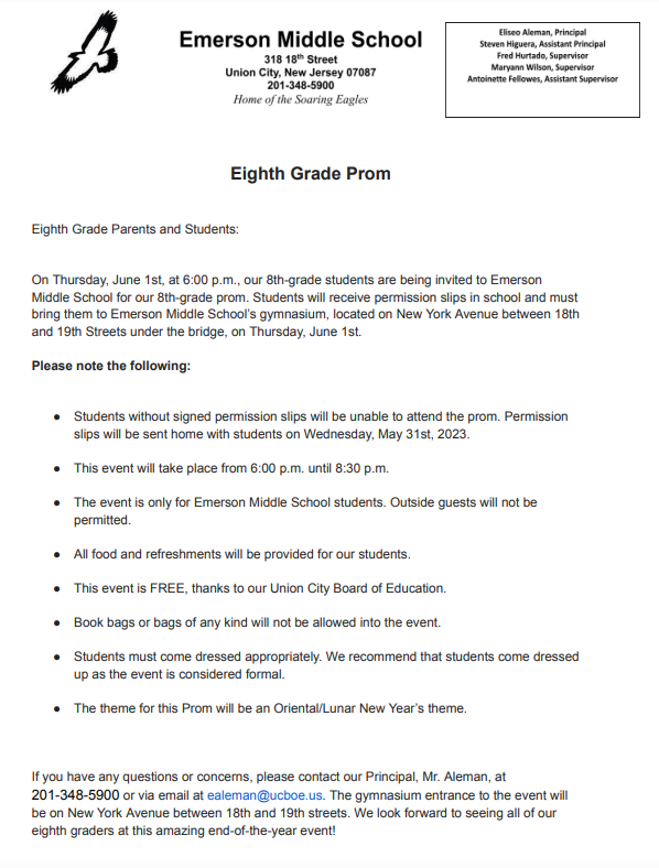 Emerson Middle School Eighth Grade Prom Information-English