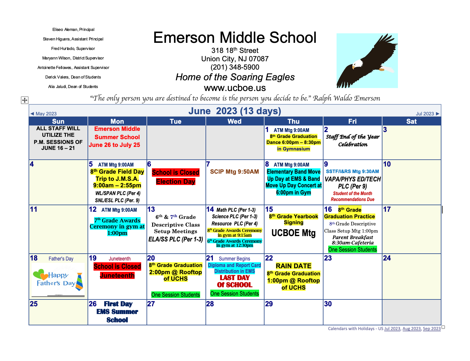 June 2023 Calendar-Emerson Middle School