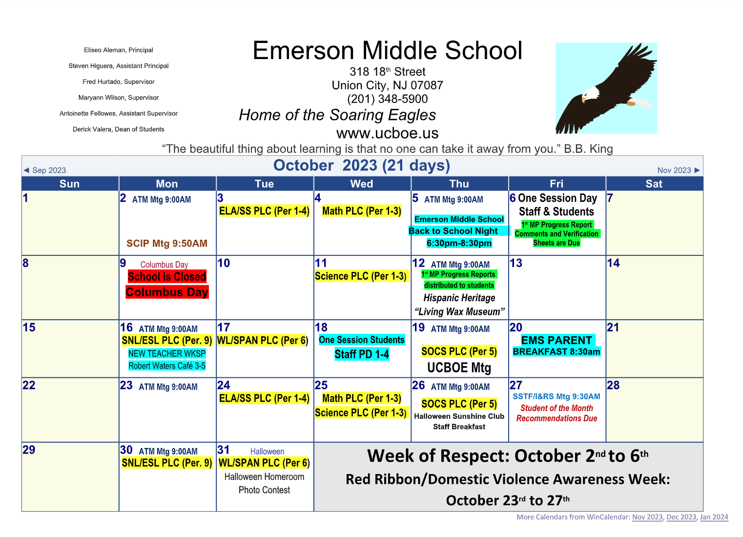 October 2023 Calendar-Emerson Middle School