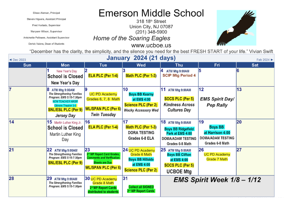 January 2024 Calendar-Emerson Middle School
