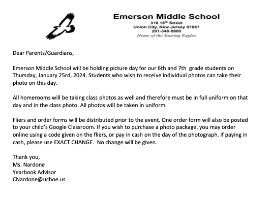 Emerson Middle School Picture Day Information