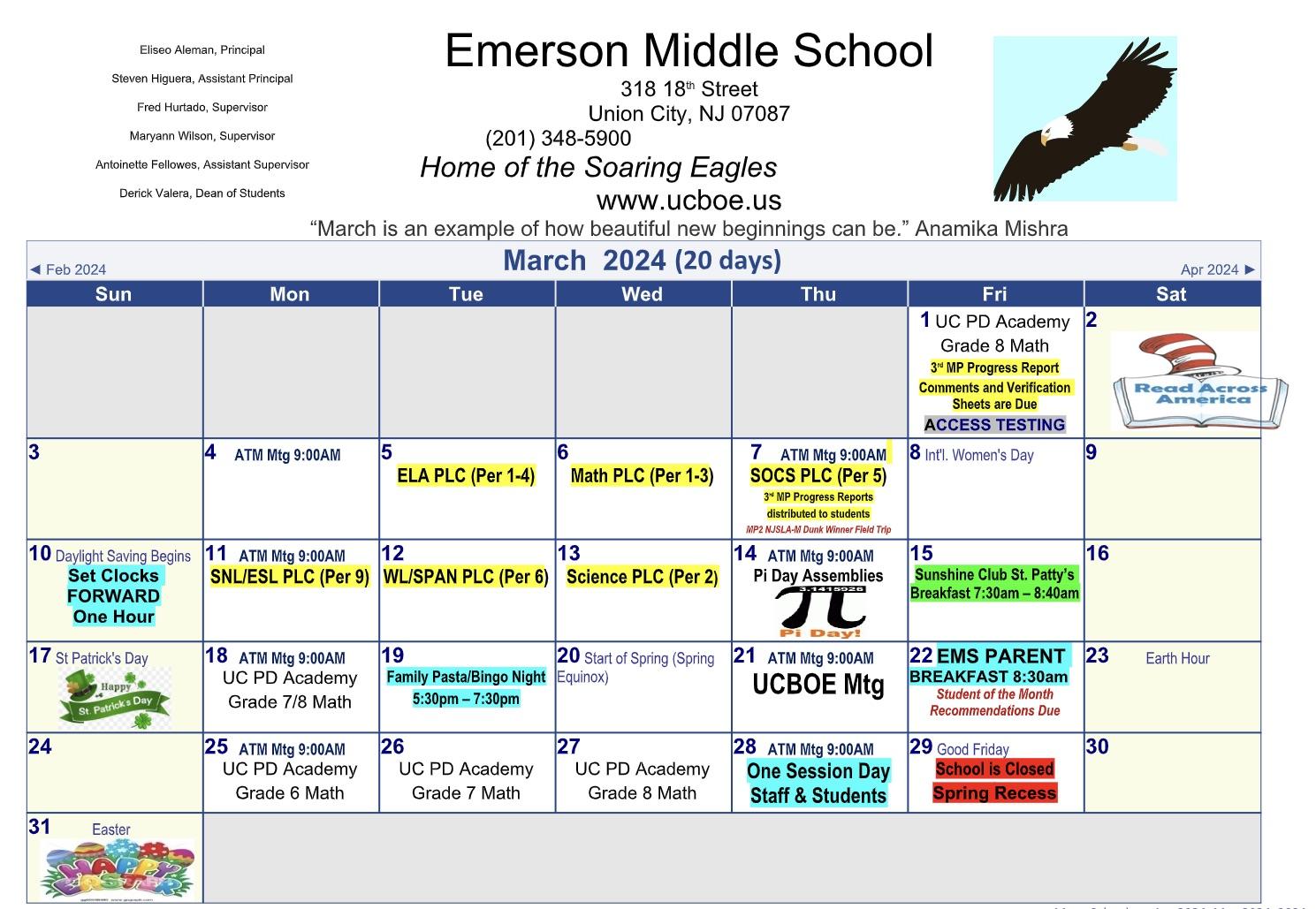 Emerson Middle School March 2024 Calendar